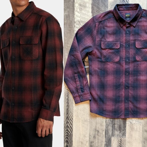 RVCA Dayshift Cotton Flannel Shirt Red Black Plaid Button Down - Picture 1 of 7